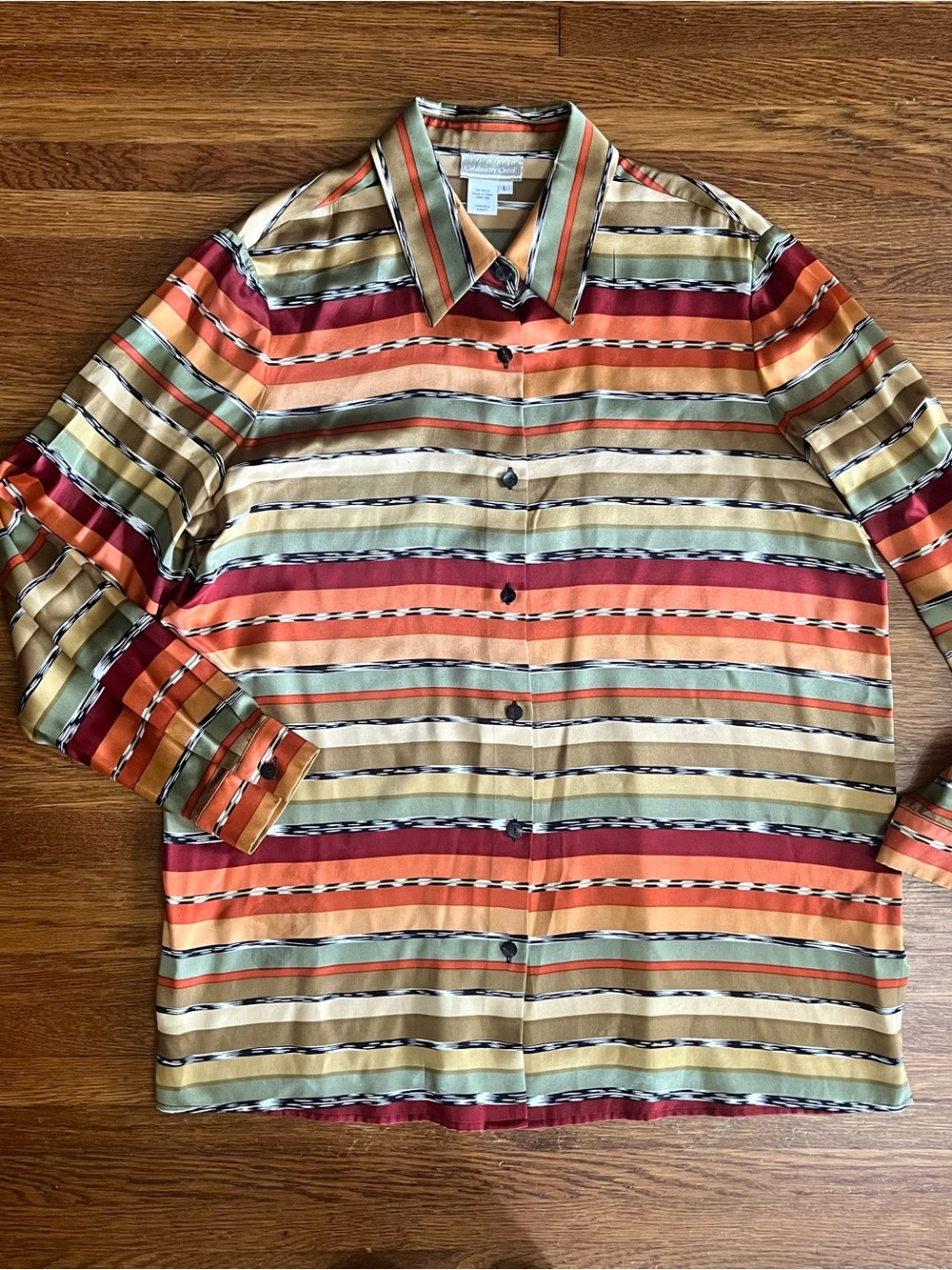 100% silk satin blouse L earthy western button up Fall tones elegant